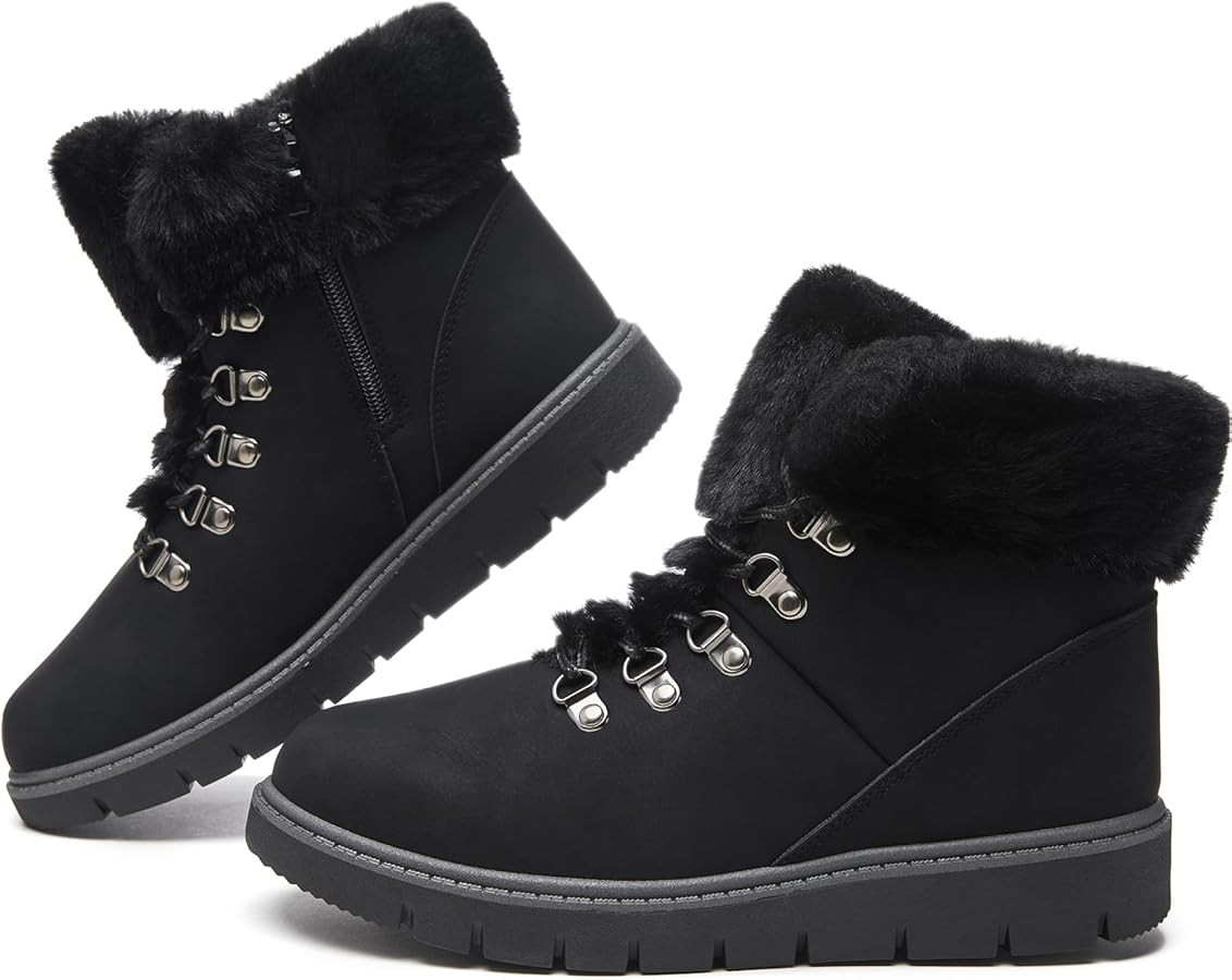 hash bubbie Women's Winter Boots Ankle Booties for Women Warm Fuzzy Boots Lace up PU Leather Snow... | Amazon (US)