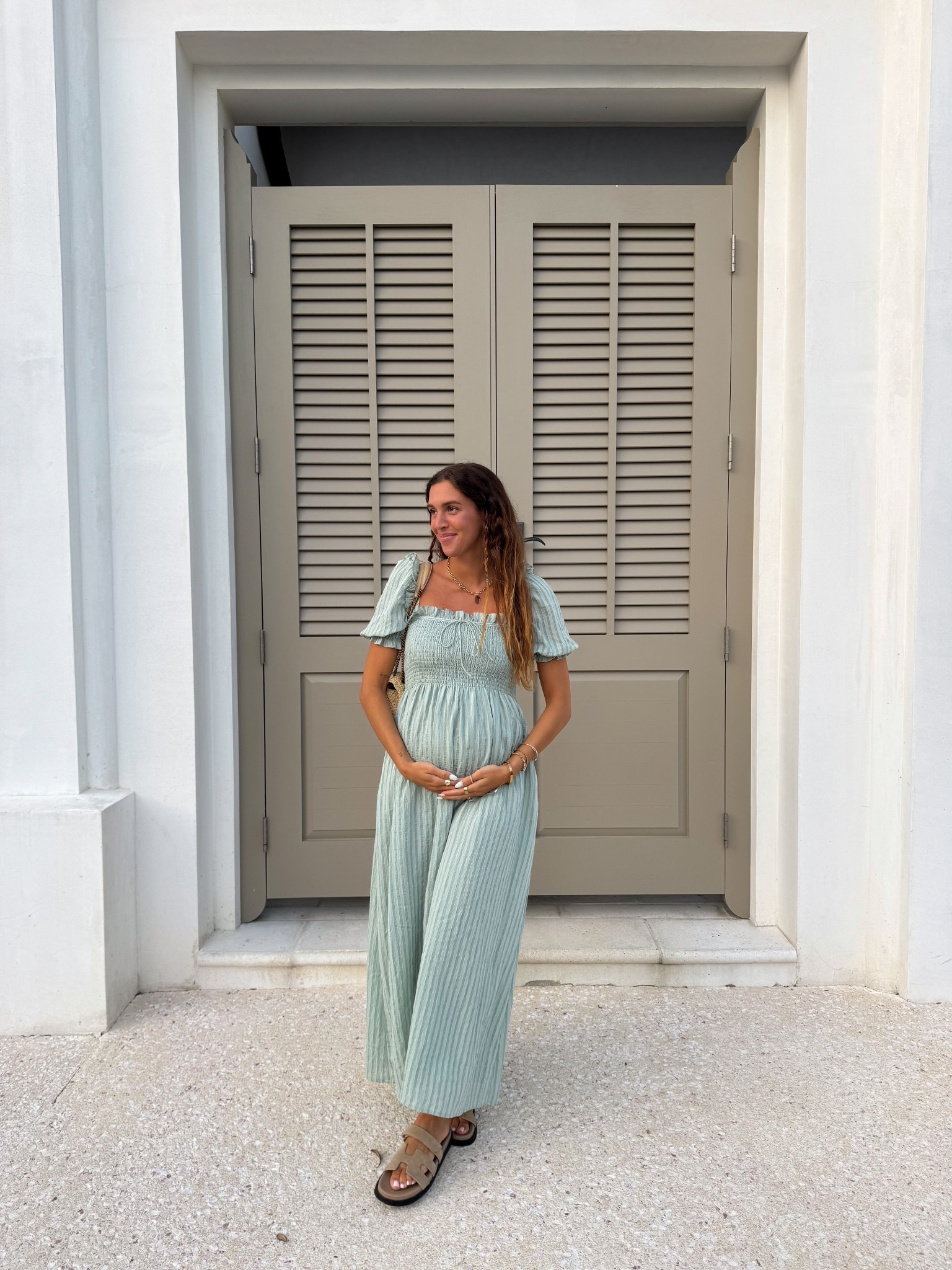 maternity dress for summer🌿 such a pretty color!! wearing size S at 5 months pregnant! 

bump friendly dress, maxi dress, midi dress, summer outfit inspo, vacation outfit, beach outfit, dinner outfit, date night look, mom to be style, first time mom, raffia purse, designer shoulder bag, hill house dress

#LTKBump #LTKStyleTip #LTKSeasonal
