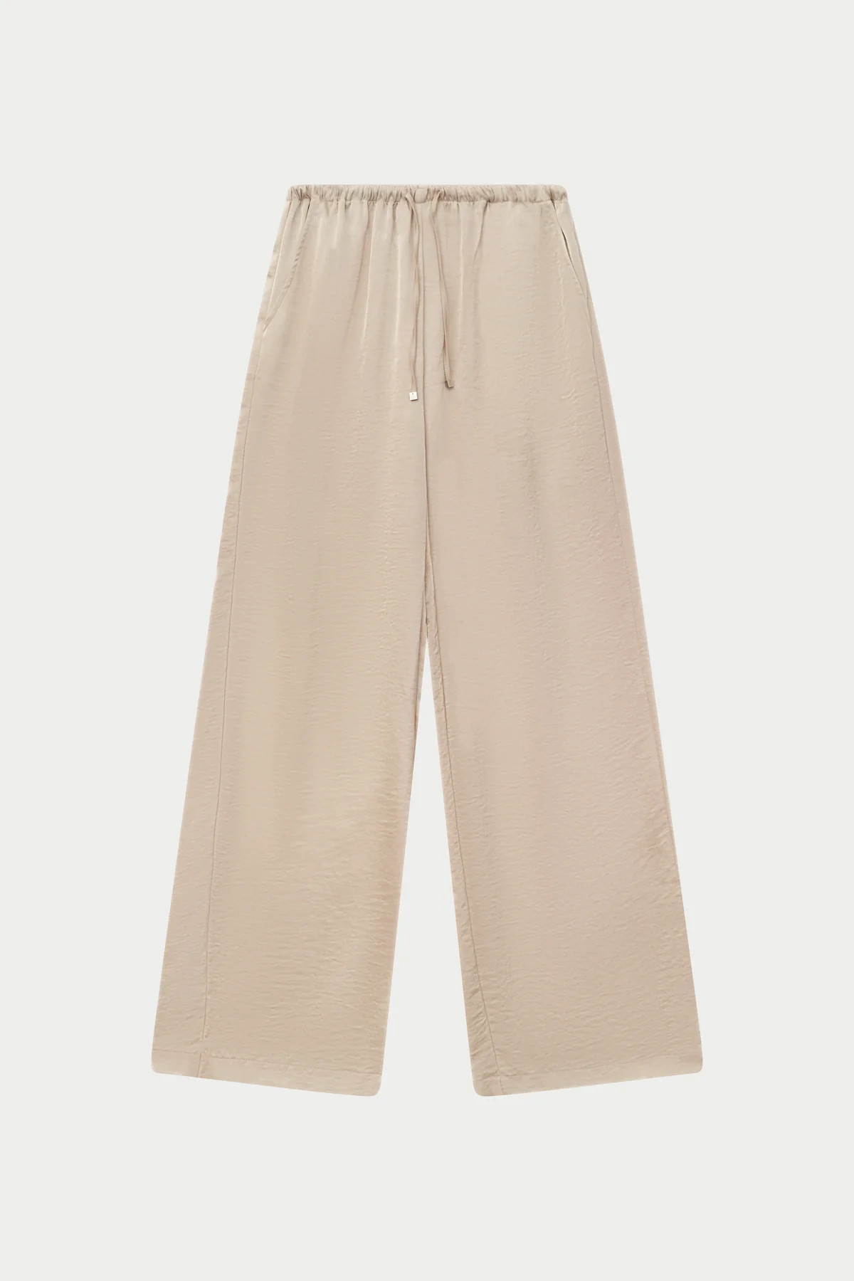 SATIN WIDE LEG EMBLEM TROUSERS - BEIGE | The Couture Club