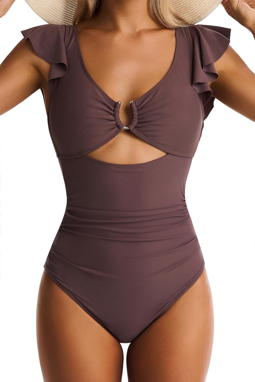 Women's One Piece Swimsuits Tummy Control Ruffle Bathing Suit Cutout Slimming Swim Suit V Neck Ring Linked Swimwear | Amazon (US)