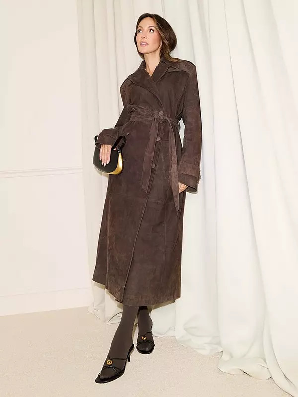 Michelle Keegan Real Suede Trench Coat - Brown | Very (UK)