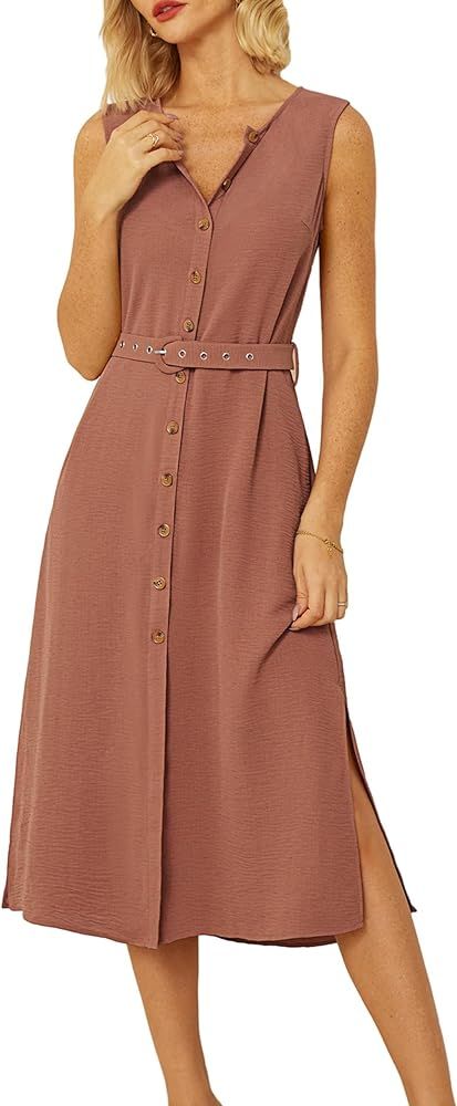 GRACE KARIN Women Casual Summer Dress 2024 Business Work Belted Sleeveless Button Down Shirt Dres... | Amazon (US)