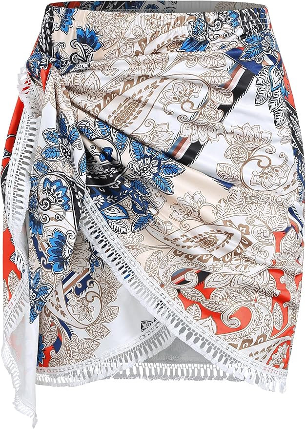 ZAFUL Slit Skirt for Women Boho Print Tie Side Wrap Tassel Casual Beach Mini Skirt | Amazon (US)