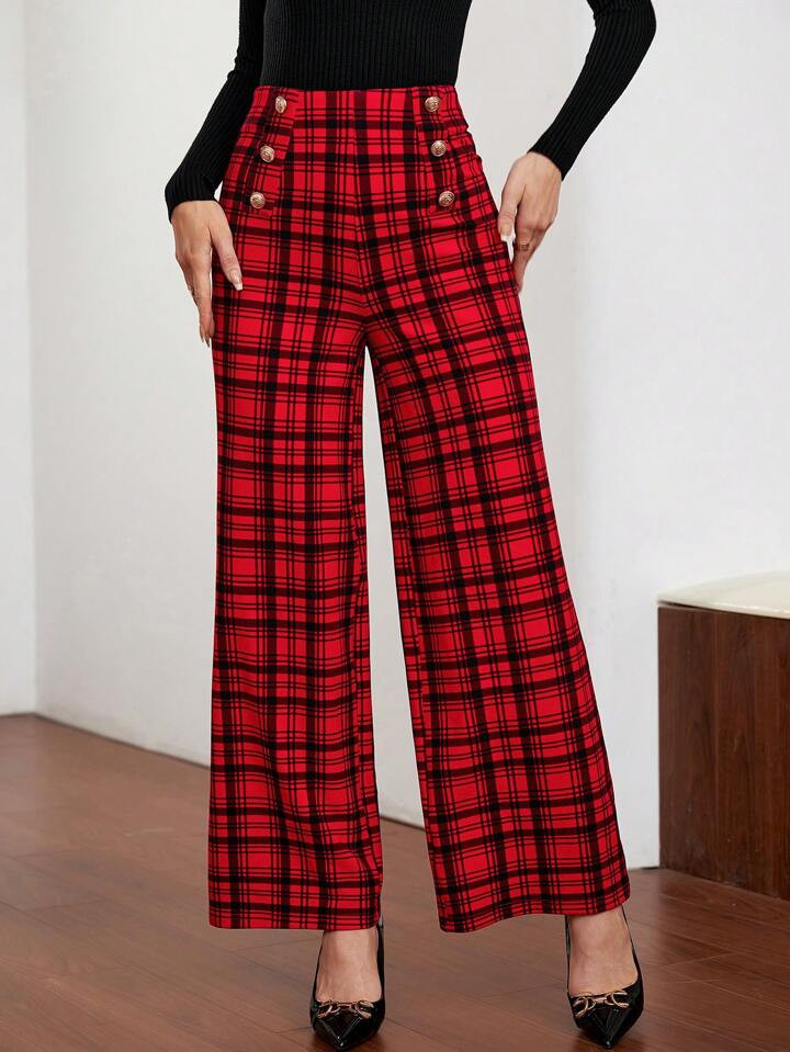 SHEIN Privé Plaid Print Button Detail Wide Leg Pants | SHEIN