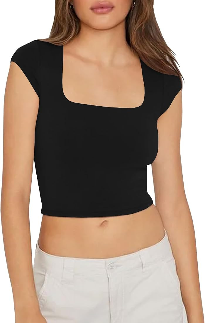 Misng Women's Sexy Square Neck Crop Top Short Sleeve Slim Fit Going Out Cropped T Shirts | Amazon (US)