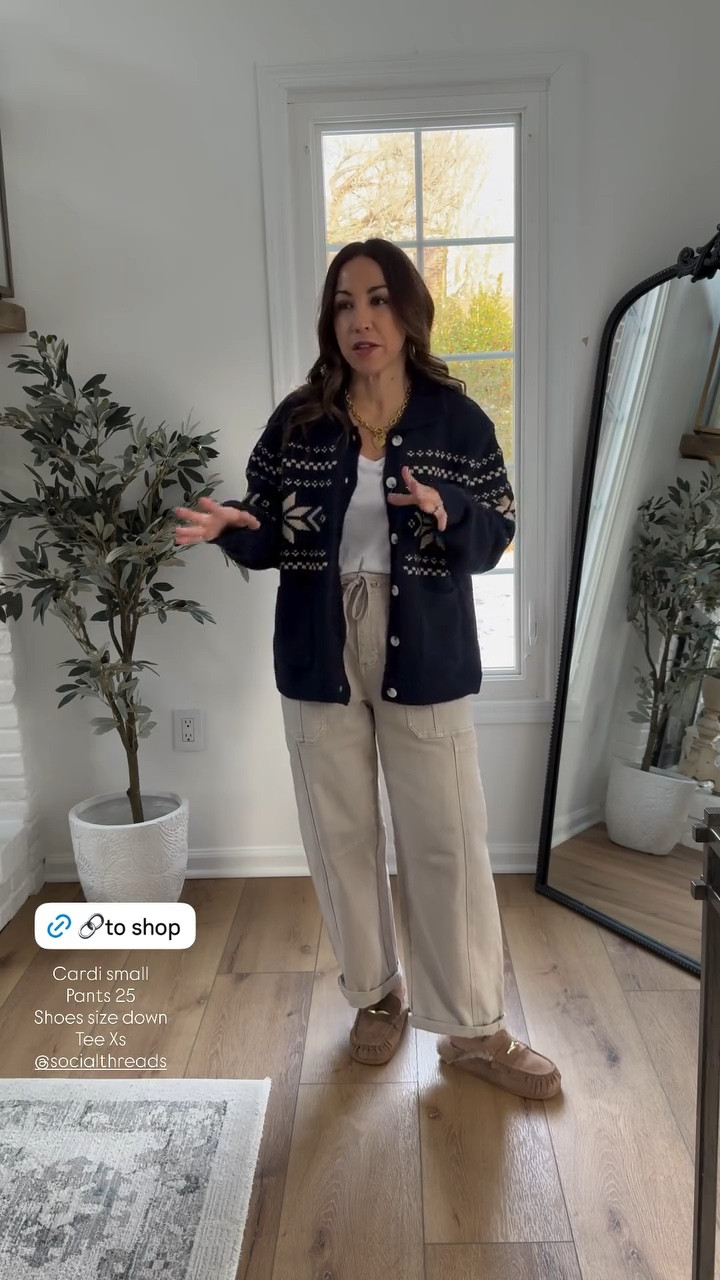 25. Cargo pants, small fair isle cardigan sweater. T-shirt, Xs. Shoes size down.

#LTKOver40 #LTKPetite