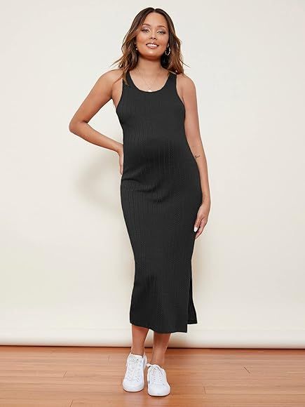 Romwe Women's Maternity Rib Knit Split Side Sleeveless Bodycon Tank Pencil Dress | Amazon (US)