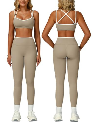 2 Piece Workout Sets for Women Cami Straps Cross Back Color Block Sports Bras Matching High Waist Tummy Control Leggings Clothes Womens Two Piece Athletic Set Gym Wear Active Yoga Outfit Khaki S | Amazon (US)