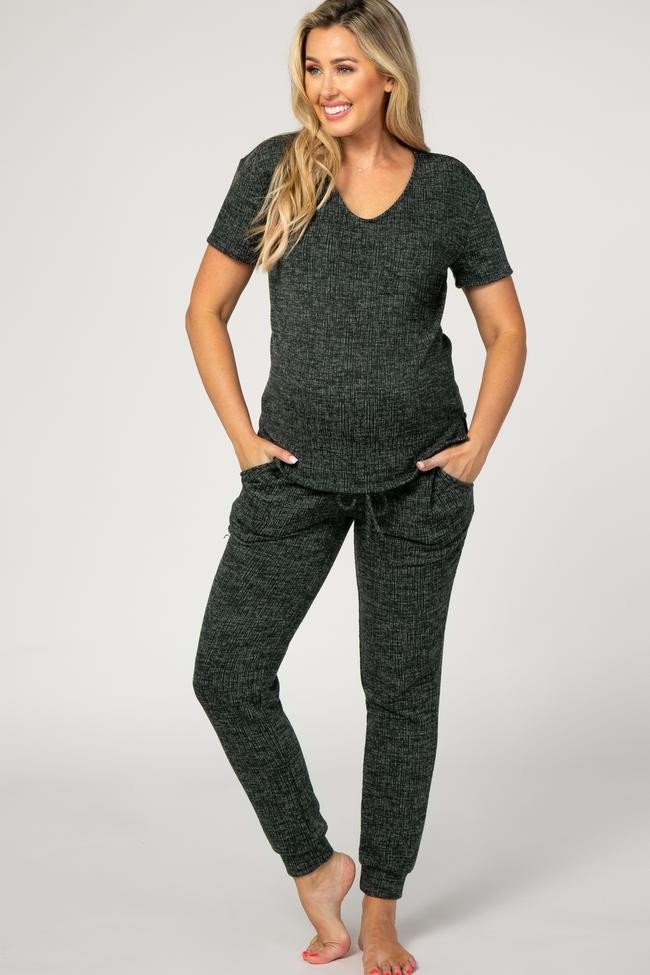 Forest Green Knit Short Sleeve Maternity Pajama Set | PinkBlush Maternity
