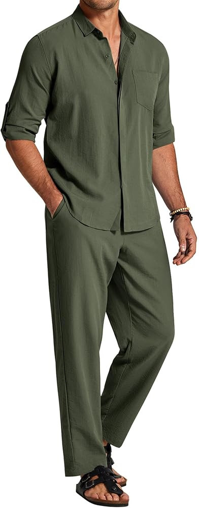 COOFANDY Men's 2 Piece Linen Sets Casual Button Down Shirts Pants Casual Beach Summer Yoga Outfit... | Amazon (US)