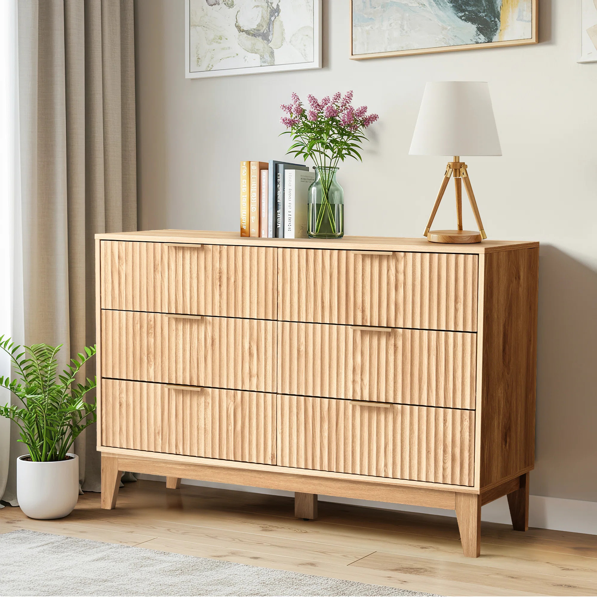 6 - Drawer 47.2" W Double Dresser, Fluted Design Wood Wide Chest | Wayfair North America