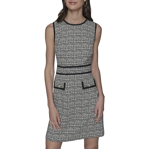 Karl Lagerfeld Paris Women's Waist Piping Crew Neck Textured Jacquard Dress, Black Soft White | Amazon (US)