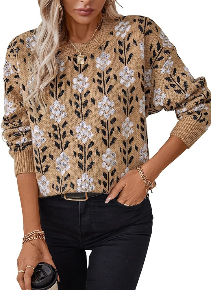 Melliflo Womens Casual Floral Print Sweater Long Sleeve Crewneck Pullover Sweater Top Loose Fall ... | Amazon (US)