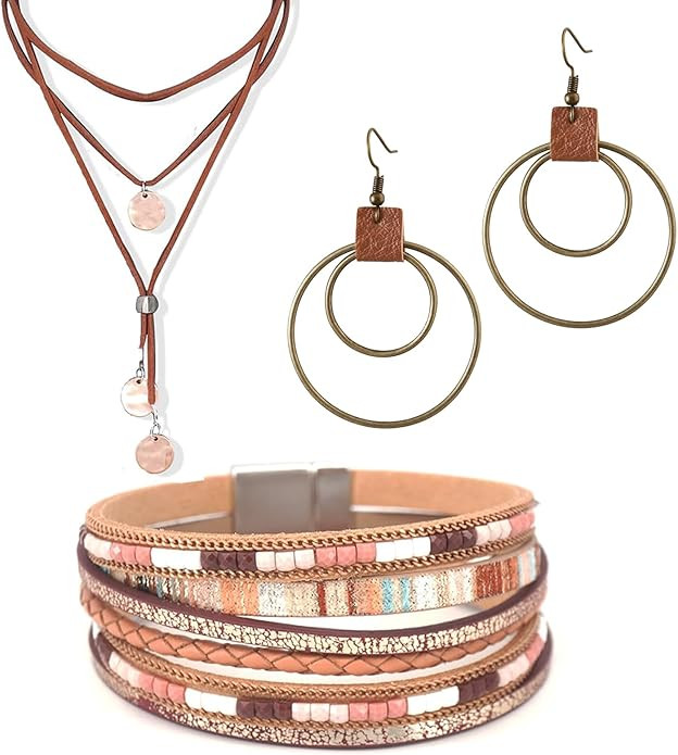 3PCS Western Jewelry for Women Bohemian Set,Boho Vintage Layered Necklace Dangle Drop Earrings Faux Leather Bracelet,Jewelry Sets for Women Gift | Amazon (US)