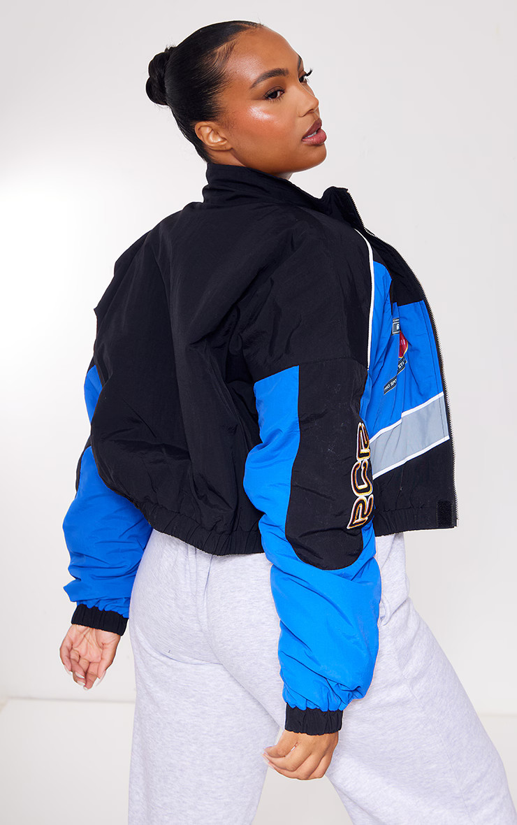 Plus Blue Motocross Racer Cropped Bomber Jacket | PrettyLittleThing CAN