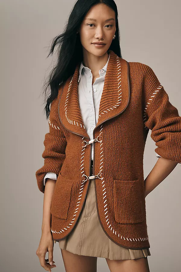 Faux-Leather Trim Whipstitch Cardigan Sweater | Anthropologie (US)