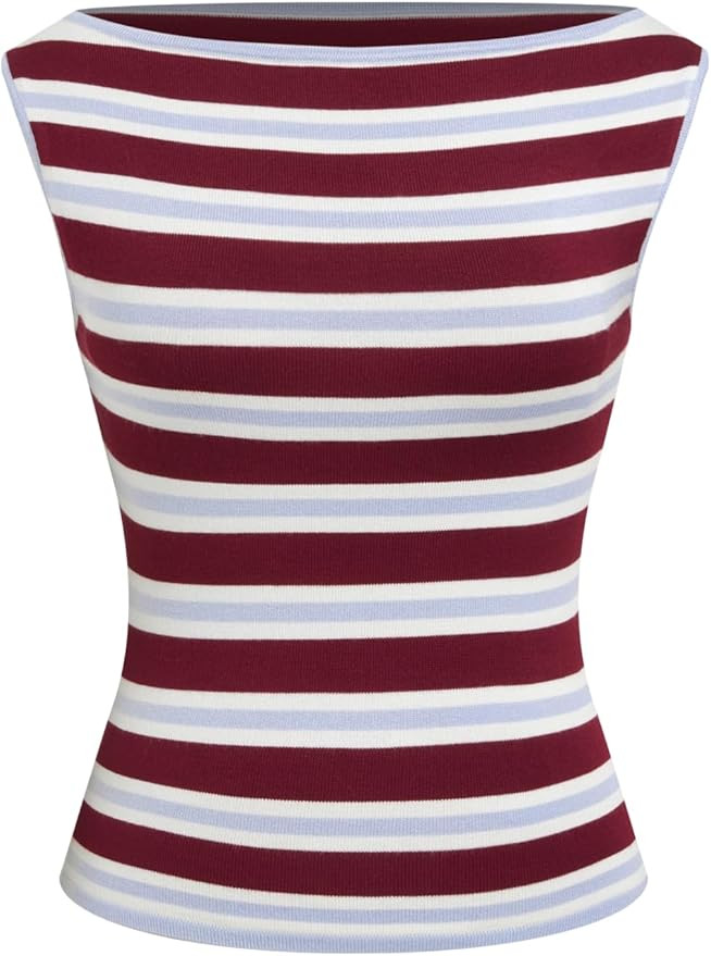 CIDER Boat Neck Tops for Women Sleeveless Ruched Crop Tank Tops Slim Fit Trendy Summer Outfits Ca... | Amazon (US)