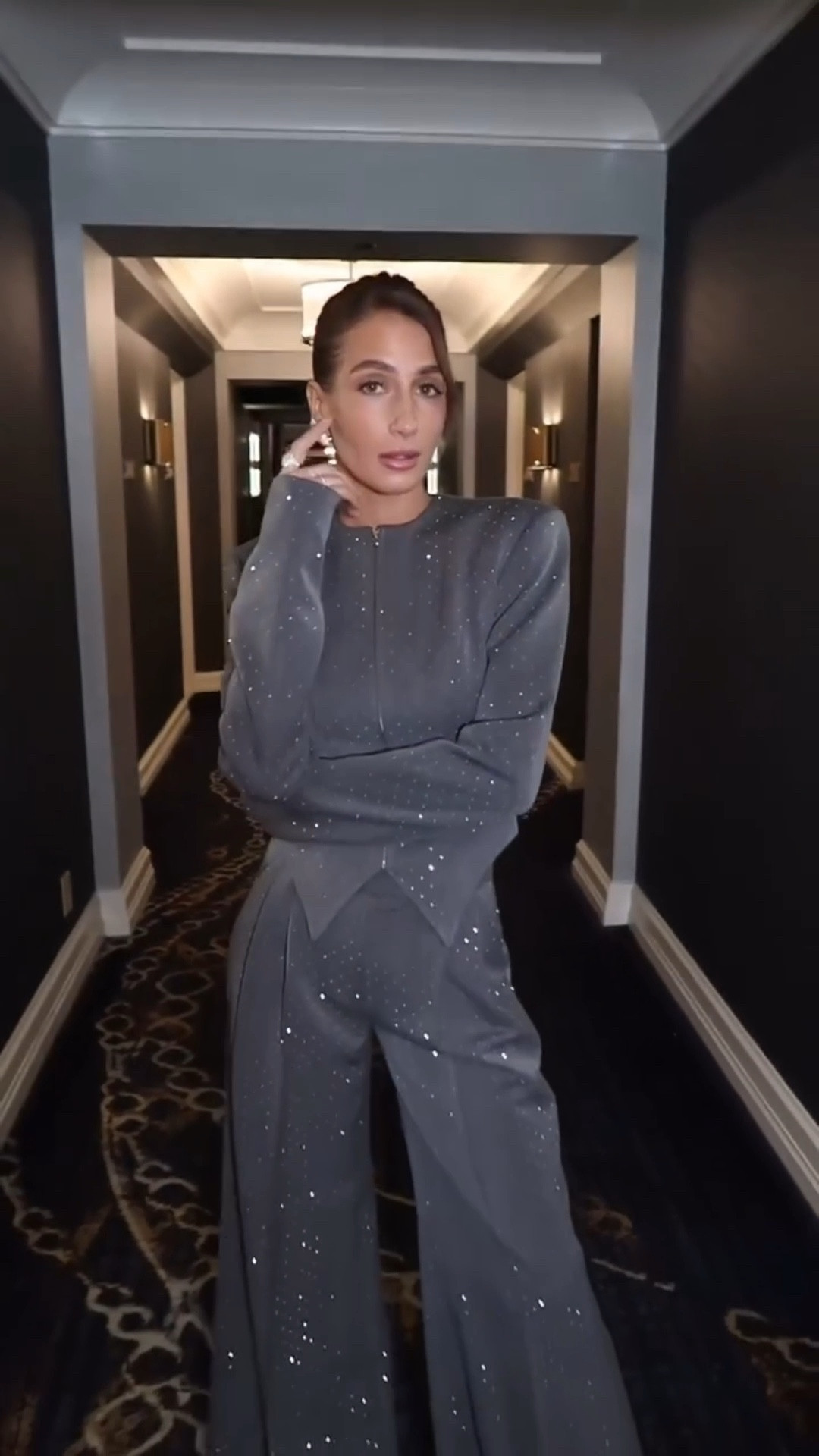 Amanda Batula's  crystal embellished crop blazer jacket wide leg trouser pants
