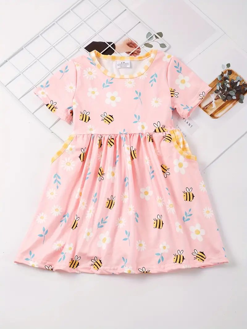 Girls Casual Bee Floral Print Round Neck Dress Pocket - Temu | Temu Affiliate Program