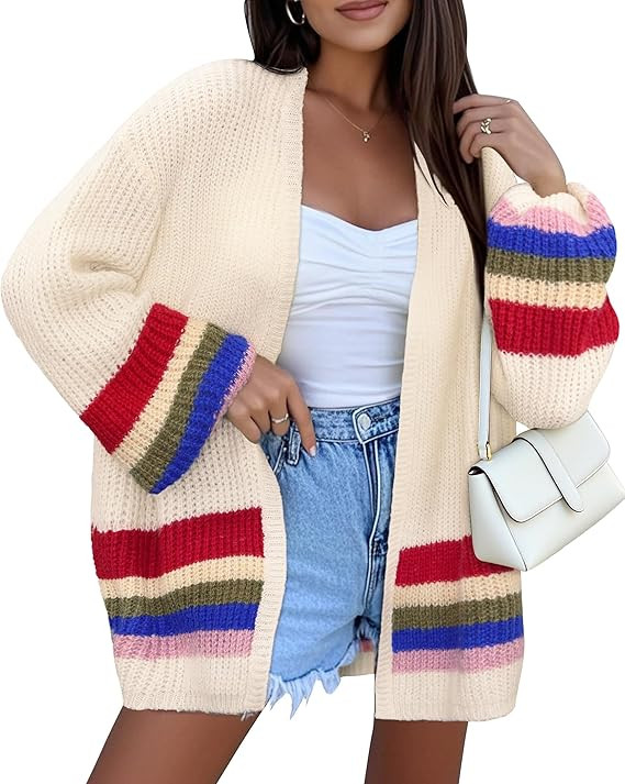 BB&KK Womens Long Cardigan Sweaters Oversized Striped Color Block 2025 Fall Long Lantern Sleeve K... | Amazon (US)