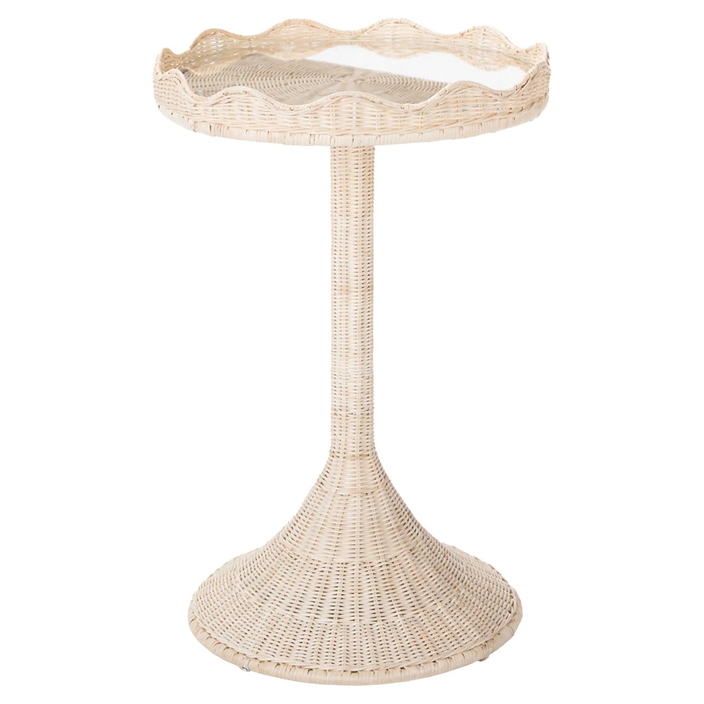 Sadie Coastal Beach Natural Rattan Scalloped Side Table | Kathy Kuo Home