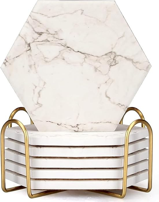 6 Cute Marble Absorbent Stone Coaster Set with Holder White Ceramic Coster | Amazon (US)
