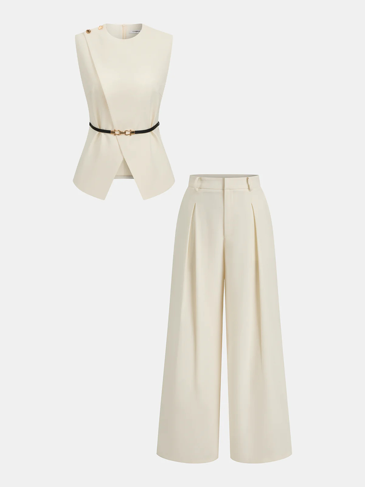 Semi-Sheer Sleeveless Belted Top & Pleated Pants Set | Commense