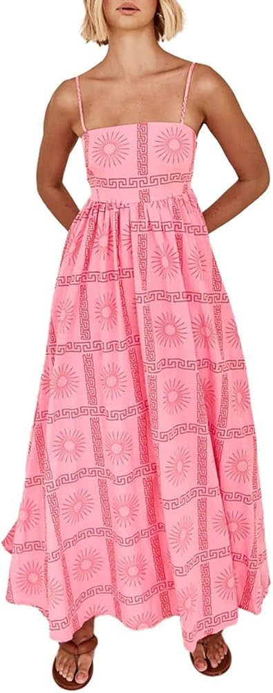 Women Summer Graffiti Maxi Dress Backless Spaghetti Strap Flowy Long Dress Graphic Print Vacation... | Amazon (US)