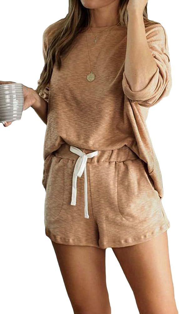 Yidarton Women's Summer Shorts Pajamas Set Long Sleeve Tops Sleepwear Nightwear Loungewear Pjs 2 ... | Amazon (US)