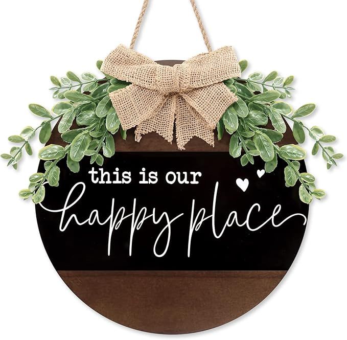 This is Our Happy Place Front Door Round Wooden Sign for Farmhouse Porch Welcome Wreath Decor wit... | Amazon (US)