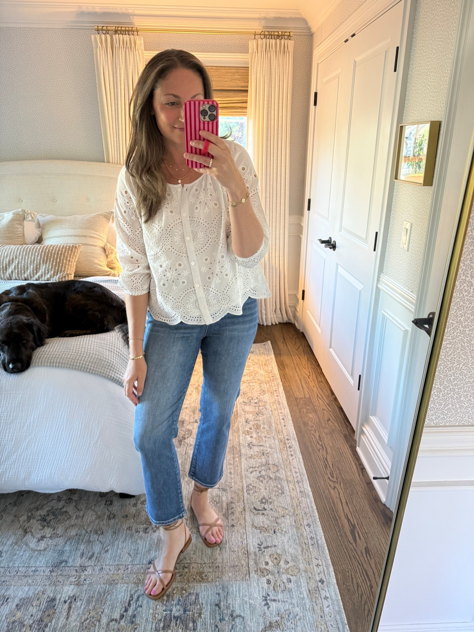 Heading out with friends again tonight! Already wearing this eyelet top on repeat (prettiest details and so comfortable) and these jeans are the perfect ankle pair! I’m not one to typically spend on shoes BUT these wrap sandals are a must and I promise you’ll wear them all summer long. True to size, so simple and they look great with everything. I can walk miles in these! 

#LTKSaleAlert #LTKootd #LTKSeasonal