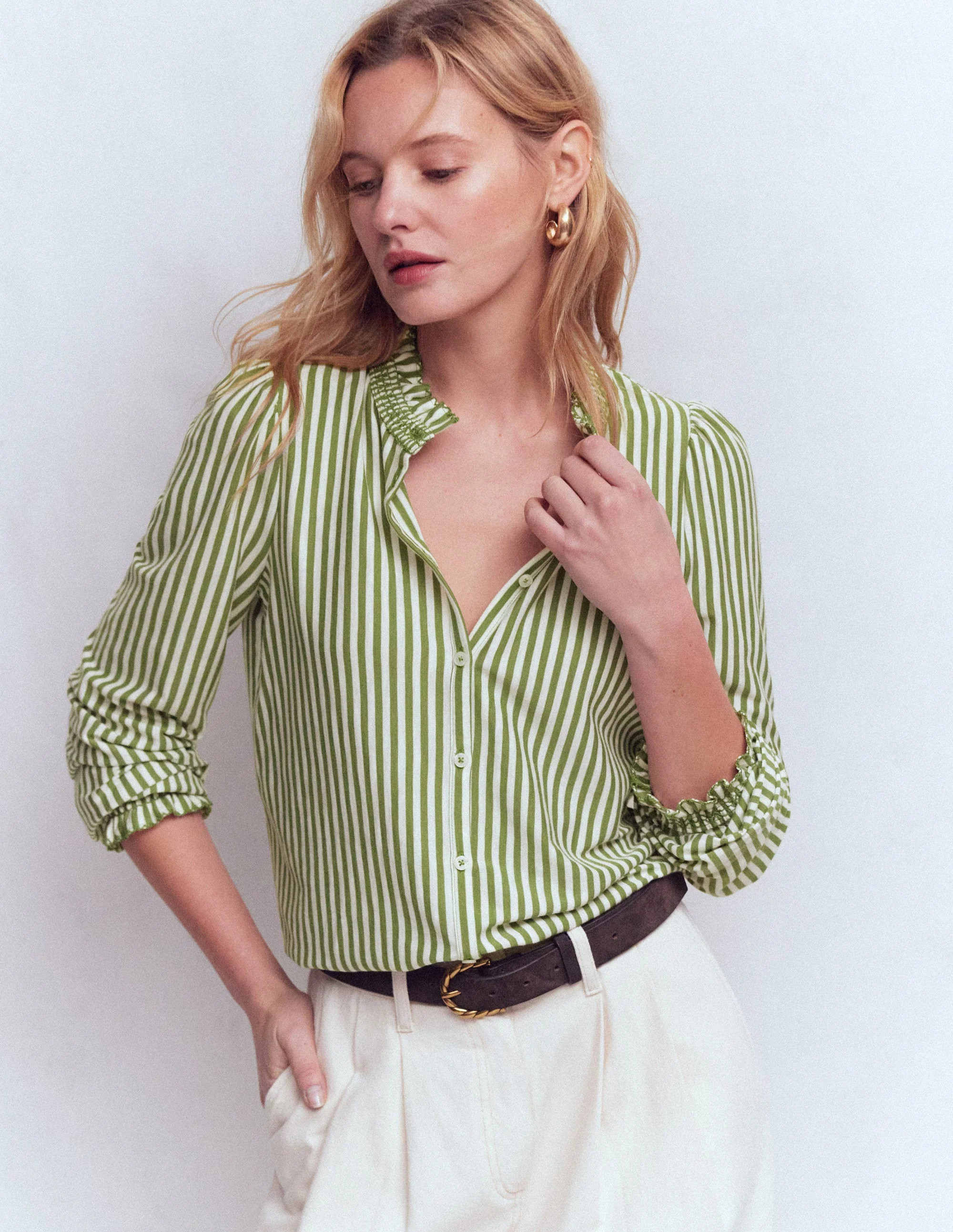Effie Smocked Detail Shirt-Dill Stripe | Boden UK