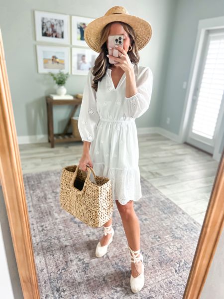Target white dress (XS). Eyelet dress. Vacation outfit. Bridal shower dress. Bridal luncheon dress. Toe-up espadrilles (linking similar). Straw tote. Work outfit. Business casual. Teacher outfit. 

*Dress is lined and has pockets. 

#LTKunder50 #LTKwedding #LTKtravel