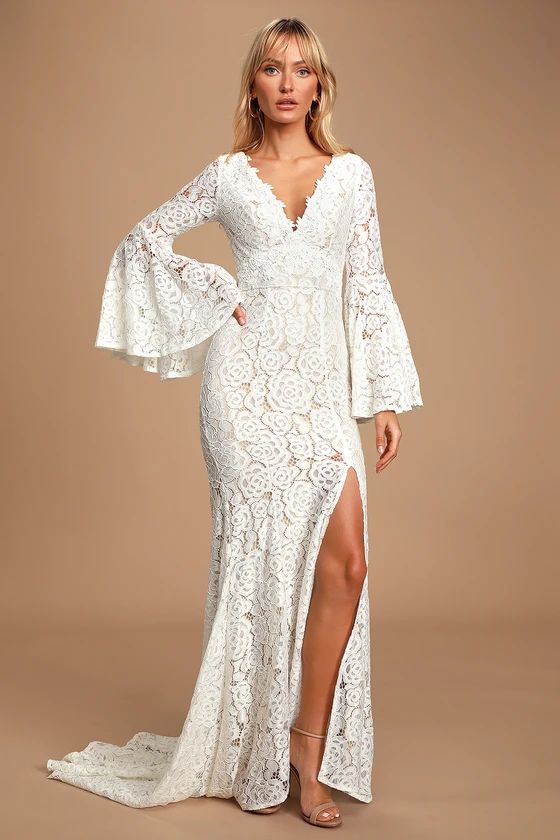 Duchess Ivory Lace Bell Sleeve Maxi Dress | Lulus (US)