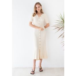 Buttons Trim Bodycon Knit Midi Dress in Cream | Chicwish