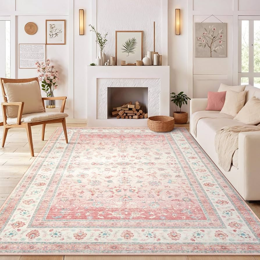 LIVEBOX Pink Area Rug for Living Room, 8x10 Soft Washable Boho Floral Area Rugs, Non Slip Stain R... | Amazon (US)