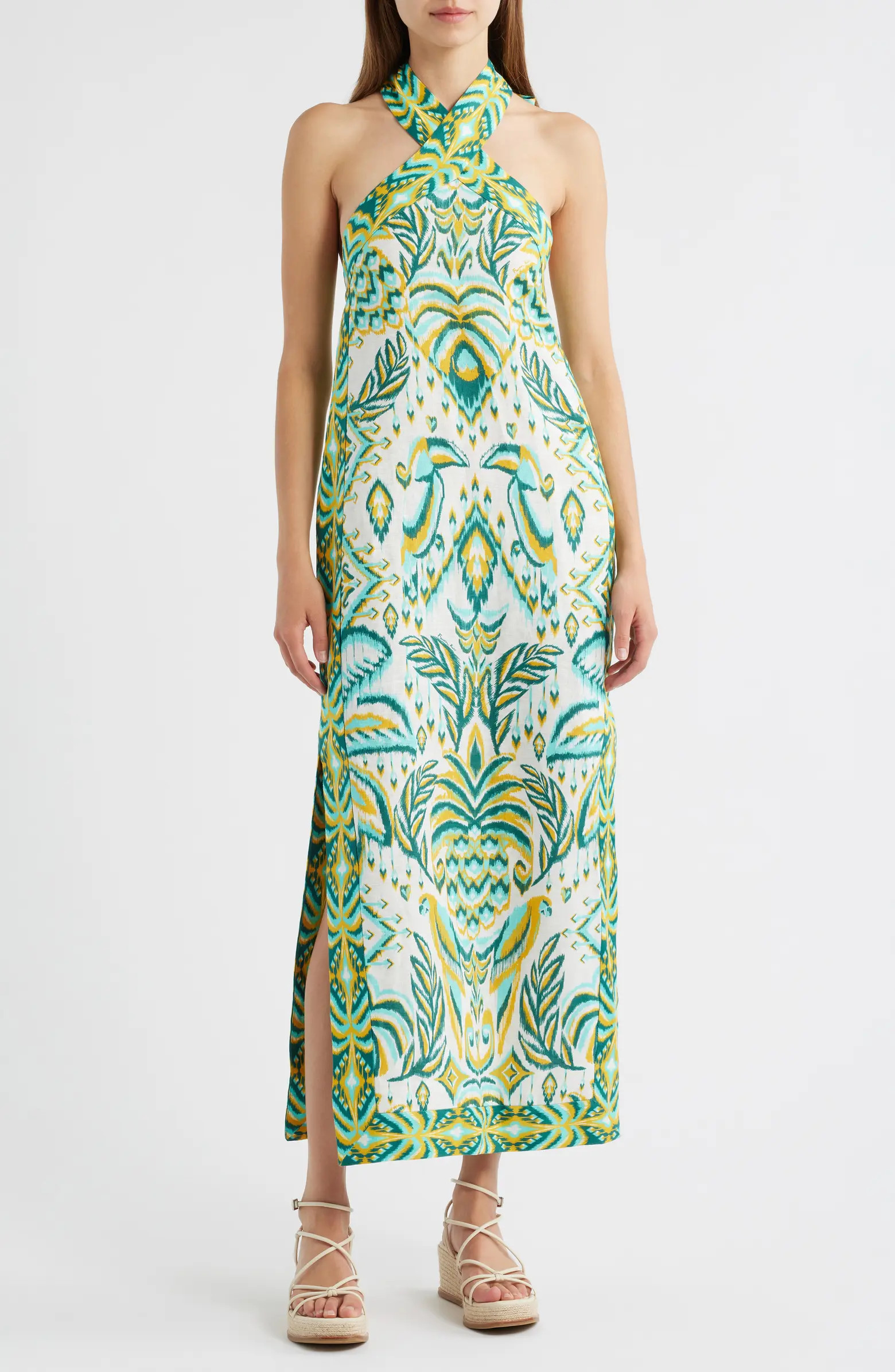 Tropical Tapestry Halter Linen Maxi Sundress | Nordstrom Rack