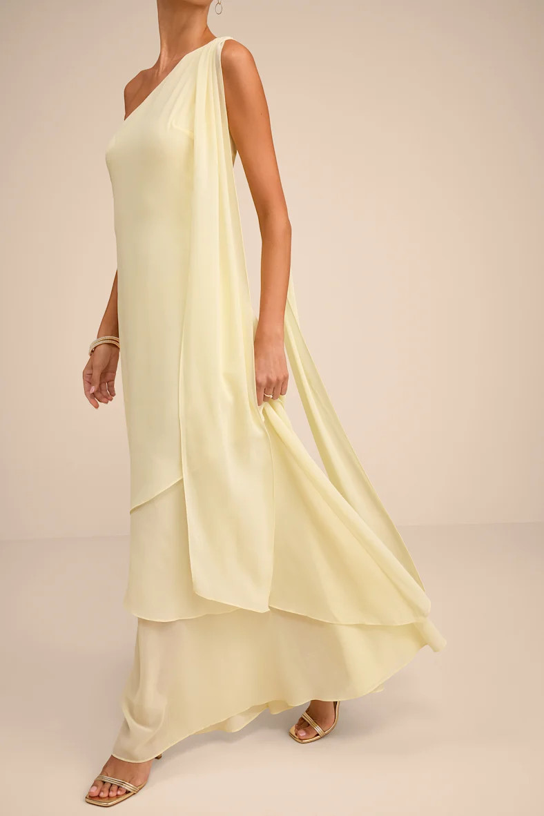 Camellia Light Yellow One-Shoulder Bow Maxi Dress | Lulus