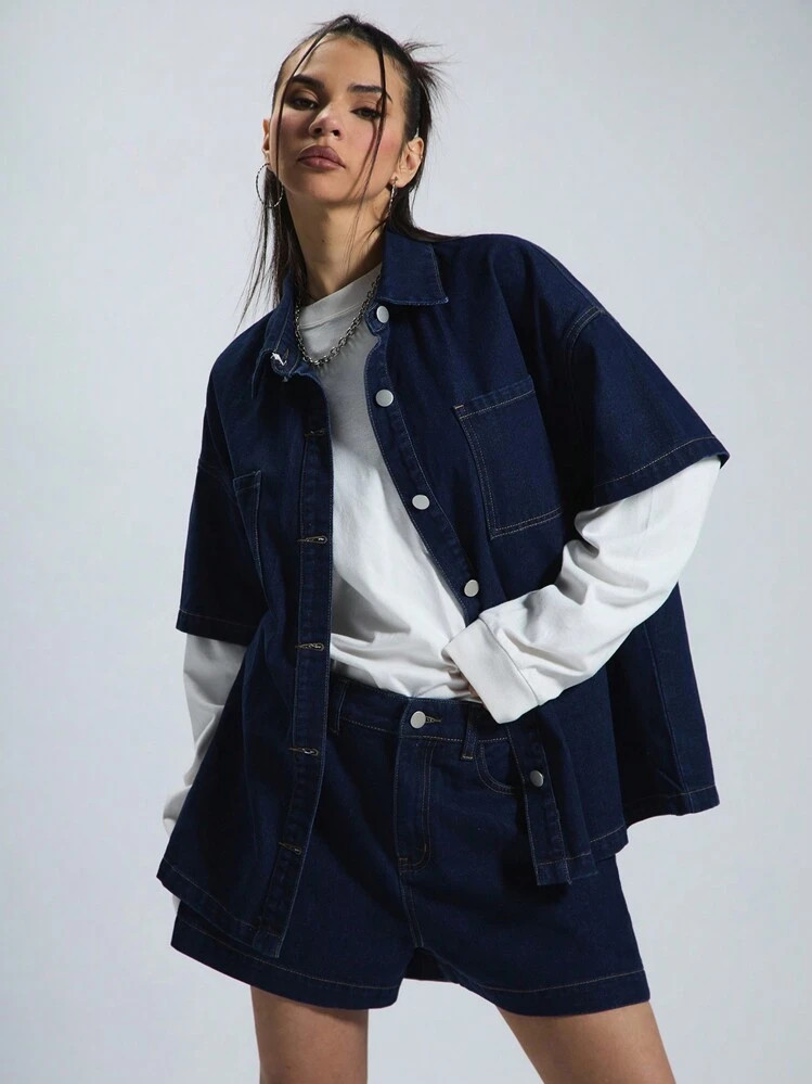 MUSERA Denim Short Sleeve Shirt | SHEIN