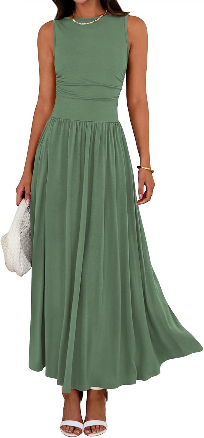 BTFBM Summer Maxi Dresses for Women 2026 Spring Sleeveless Casual Ruched High Waisted Long Sundre... | Amazon (US)
