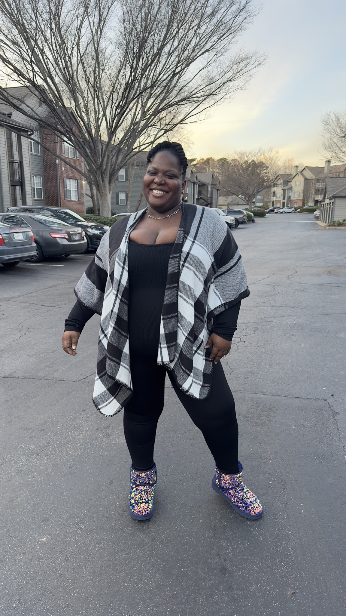 Snatch Me Up 💜 Jumpsuit fits like a glove. Size down to fit. Shawl add an extra layer for the weather and style for comfort. Uggs add the POP OF COLOR. 

#LTKSeasonal #LTKplussize #LTKstyletip