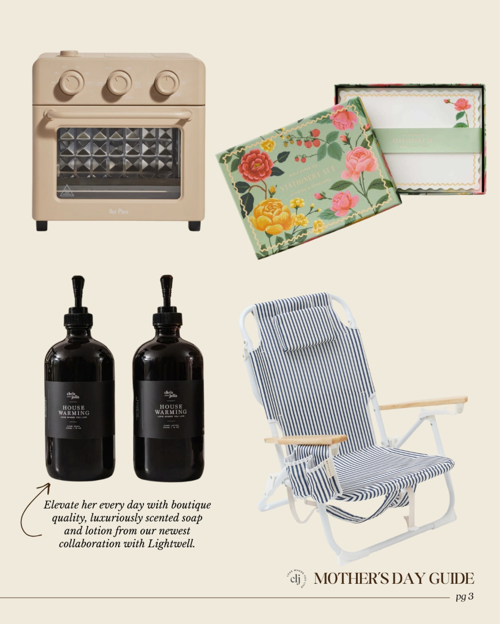 CLJ Mother’s Day Gift Guide 2024 🫶🏻 see the full list at ChrisLovesJulia.com 

Wonder oven, rifle paper stationery, striped beach chair, CLJ x Lightwell hand wash & soap duo

#LTKfindsunder100 

#LTKGiftGuide #LTKSeasonal
