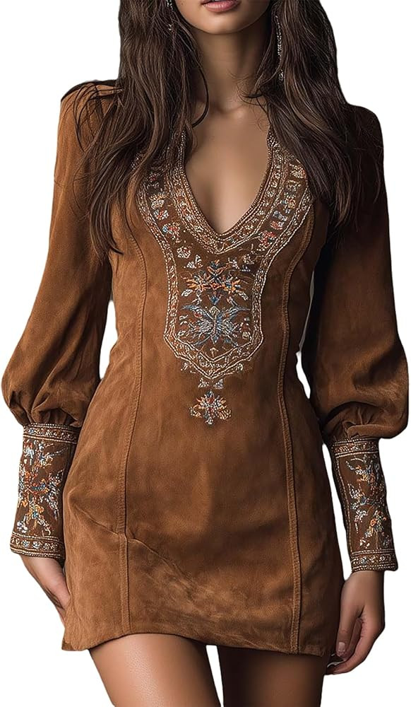 Women's Vintage Faux Suede Western Dress Long Sleeve V Neck Embroidered Ruched Short Bodycon Dres... | Amazon (US)