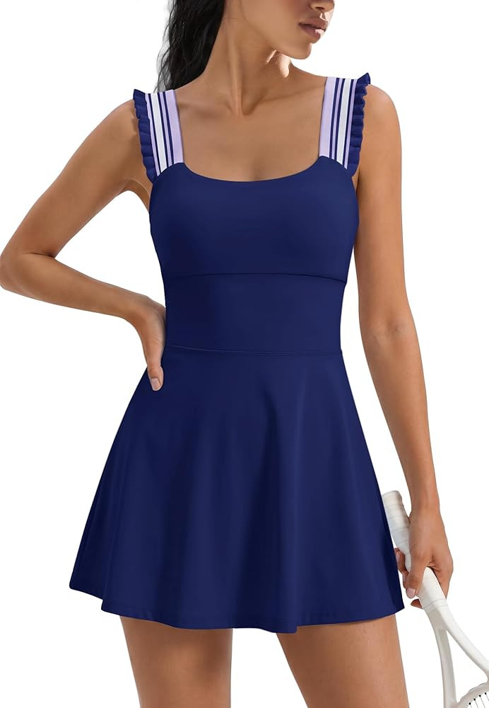 LAMISSCHE Womens Athletic Dress with Shorts Workout Romper Dress Striped Ruffle Golf Tennis Dress... | Amazon (US)