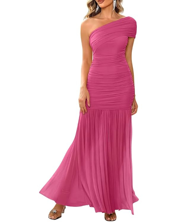 LAGSHIAN Women's Elegant Formal Long Dress One Shoulder Sleeveless Ruched Bodycon Evening Dress | Amazon (US)