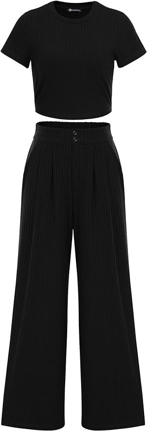 Pretty Garden Womens 2 Piece Summer Knit Short Sleeve Crop Tops Wide Leg Pants Tracksuit | Amazon (US)