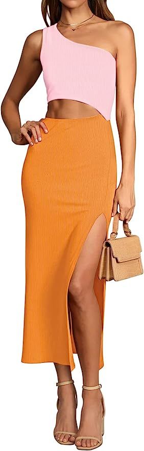 Linsery Women's One Shoulder Rib Knit Dresses Summer Hollow Out Side Slit Bodycon Midi Dress | Amazon (US)