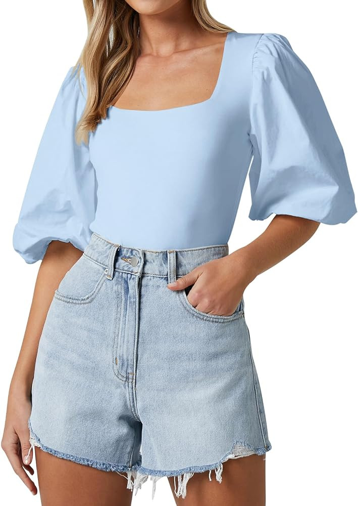 Women's Square Neck Puff Short Sleeve Tops Summer Dressy Casual Blouse T Shirts | Amazon (US)