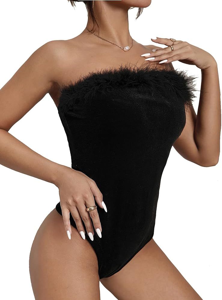 SheIn Women's Notched V Neck Sleeveless Strapless Bodysuit One Piece Leotard Tube Top | Amazon (US)
