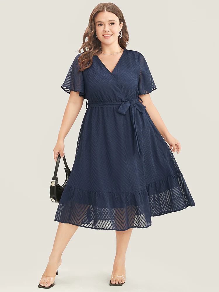 Plain Geometric Pocket Mesh Ruffle Sleeve Belted Wrap Dress | Bloomchic